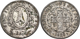 SWITZERLAND. Basel, Kanton. 5 Batzen 1826 (Silver, 26 mm, 4.28 g, 6 h), overstruck on 5 Batzen from 1809 (HMZ 2-109b.). CANTON BASEL Oval coat of arms...