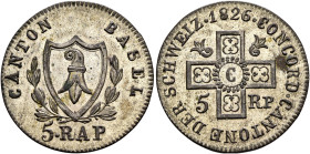 SWITZERLAND. Basel, Kanton. 5 Rappen 1826 (Billon, 22 mm, 2.08 g, 6 h). CANTON BASEL Coat of arms in shield between oak branches, 5. RAP below. Rev. C...