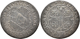 SWITZERLAND. Bern. Stadt. 1/2 Batzen 1754 (Silver, 23 mm, 1.56 g, 12 h), variety with shaded coat of arms. MONETA REIPUBLICÆ BERNENSIS ✱ Coat of arms ...