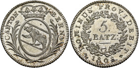 SWITZERLAND. Bern. Kanton. 5 Batzen 1808 (Silver, 26 mm, 4.48 g, 6 h). CANTON - BERN Crowned coat of arms between palm branches. Rev. DOMINUS PROVIDEB...