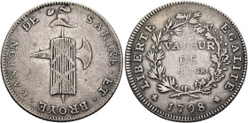 SWITZERLAND. Freiburg. Canton de Sarine et Broye. 42 Kreuzer 1798 (Silver, 29 mm, 7.70 g, 6 h). CANTON DE - SARINE•ET•BROYE• Fasces with axe and liber...