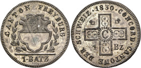 SWITZERLAND. Freiburg. Stadt und Kanton. 1 Batzen 1830 (Billon, 25 mm, 2.54 g, 6 h), overstruck on a 1 Batzen 1811 (HMZ 2-286c). CANTON FREYBURG Coat ...