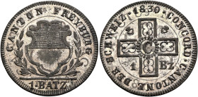 SWITZERLAND. Freiburg. Stadt und Kanton. 1 Batzen 1830 (Billon, 25 mm, 2.54 g, 6 h), overstruck on a 1 Batzen 1806 (HMZ 2-286a). CANTON FREYBURG Coat ...