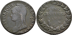 SWITZERLAND. Genf (Geneva). Stadt. 5 Centimes An 8 = 1799 G (Copper, 27 mm, 10.00 g, 6 h), Genf (Geneva). REPUBLIQUE FRANÇAISE•✱ Marianne wearing a Ph...