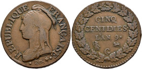 SWITZERLAND. Genf (Geneva). Stadt. 5 Centimes An 9 = 1800 G (Copper, 28 mm, 10.56 g, 6 h), Genf (Geneva). REPUBLIQUE FRANÇAISE•✱ Marianne wearing a Ph...