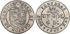 SWITZERLAND. Genf (Geneva). Kanton. 1 Sol, 6 Deniers 1817 H (Silver, 19 mm, 1.07 g, 6 h). REP: ET CANTON DE GENEVE Coat of arms. Rev. POST TENEBRAS LU...