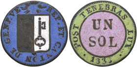SWITZERLAND. Genf (Geneva). Kanton. Sol 1833 (Billon, 17 mm, 1.13 g, 6 h). REP: ET CANTON DE GENEVE Coat of arms. Rev. POST TENEBRAS LUX •1833• / UN /...