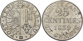 SWITZERLAND. Genf (Geneva). Kanton. 25 Centimes 1839 (Billon, 25 mm, 4.08 g, 6 h). •POST•TENE - BRAS•LUX•✱ Coat of arms. Rev. REP•ET CANT• / DE GENEVE...
