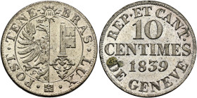 SWITZERLAND. Genf (Geneva). Kanton. 10 Centimes 1839 (Billon, 22 mm, 3.06 g, 6 h). •POST•TENE - BRAS•LUX•✱ Coat of arms. Rev. REP•ET CANT• / DE GENEVE...