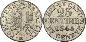 SWITZERLAND. Genf (Geneva). Kanton. 25 Centimes 1844 (Billon, 25 mm, 4.00 g, 6 h). •POST•TENE - BRAS•LUX•✱ Coat of arms. Rev. REP•ET CANT• / DE GENEVE...