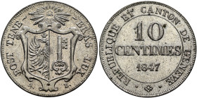 SWITZERLAND. Genf (Geneva). Kanton. 10 Centimes 1847 (Billon, 22 mm, 2.66 g, 6 h). •POST•TENEBRAS•LUX• Coat of arms, A. - B. below. Rev. REPUBLIQUE ET...