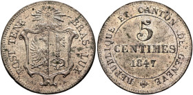 SWITZERLAND. Genf (Geneva). Kanton. 5 Centimos 1847 (Billon, 20 mm, 2.00 g, 6 h). •POST•TENEBRAS•LUX• Coat of arms, A. - B. below. Rev. REPUBLIQUE ET ...