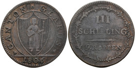 SWITZERLAND. Glarus. 3 Schilling 1806 (Billon, 22 mm, 2.05 g, 12 h), Glarus. CANTON - GLARUS / 1806 Coat of arms. Rev. III / SCHILLING / 9 RAPPEN with...