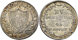 SWITZERLAND. Glarus. 15 Schilling 1807 (Billon, 26 mm, 3.84 g, 12 h), Glarus. CANTON - GLARUS / 1807 Coat of arms. Rev. XV / SCHILLING / 45. RAPPEN wi...