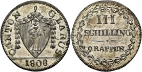 SWITZERLAND. Glarus. 3 Schilling 1808 (Billon, 23 mm, 2.43 g, 12 h), variety with a thin cross bar in 'H', Glarus. CANTON - GLARUS / 1808 Coat of arms...