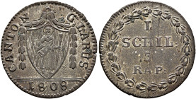 SWITZERLAND. Glarus. Schilling 1808 (Billon, 20 mm, 1.17 g, 12 h), Glarus. CANTON - GLARUS / 1808 Coat of arms. Rev. 1 / SCHIL: / 3 RAP: within wreath...
