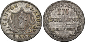 SWITZERLAND. Glarus. 3 Schilling 1809 (Billon, 23 mm, 2.30 g, 12 h), Glarus. CANTON - GLARUS / 1809 Coat of arms. Rev. III / SCHILLING / 9 RAPPEN with...