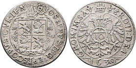 SWITZERLAND. Graubünden. Chur. Joseph Mohr von Zernez, 1627-1635. 10 Kreuzer 1630 (Silver, 28 mm, 4.26 g, 12 h). IOSEPHVS✱D✱G✱EPISCOPVS✱CVRIEN Quarter...