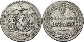 SWITZERLAND. Graubünden. Kanton. 5 Batzen 1807 (Silver, 26 mm, 4.31 g, 6 h). KANTON - GRAUBÜNDEN Three shields hanging from three joined hands, 1807. ...