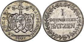 SWITZERLAND. Graubünden. Kanton. 1 Batzen 1807 (Silver, 25 mm, 2.61 g, 6 h). KANTON•✱• - GRAUBÜNDEN Three shields hanging from three joined hands, 180...