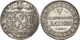 SWITZERLAND. Graubünden. Kanton. 5 Batzen 1820 (Silver, 26 mm, 4.51 g, 6 h). KANTON - GRAUBÜNDEN Three shields hanging from three joined hands, 1820 a...