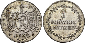 SWITZERLAND. Graubünden. Kanton. Batzen 1820 (Billon, 24 mm, 2.88 g, 6 h). KANTON - GRAUBÜNDEN Three shields hanging from three joined hands, 1820 and...