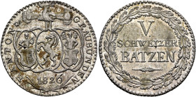 SWITZERLAND. Graubünden. Kanton. 5 Batzen 1826 (Silver, 26 mm, 4.54 g, 6 h). KANTON - GRAUBÜNDEN Three shields hanging from three joined hands, 1826 a...