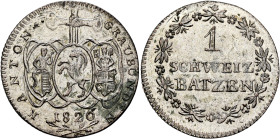 SWITZERLAND. Graubünden. Kanton. 1 Batzen 1826 (Billon, 24 mm, 2.78 g, 6 h). KANTON - GRAUBÜNDEN Three shields hanging from three joined hands, 1826 a...