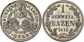 SWITZERLAND. Graubünden. Kanton. 1 Batzen 1836 (Billon, 23 mm, 2.67 g), variety without mintmark. KANTON - GRAU= - BÜNDEN Three shields linked by wrea...
