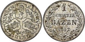 SWITZERLAND. Graubünden. Kanton. 1 Batzen 1842 (Billon, 23 mm, 2.78 g). KANTON - GRAU - BÜNDEN Three shields linked by wreaths. Rev. 1 / SCHWEIZ / BAZ...