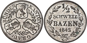 SWITZERLAND. Graubünden. Kanton. 1/2 Batzen 1842 (Billon, 20 mm, 1.94 g, 6 h). KANTON - GRAU - BÜNDEN Three shields linked by wreaths. Rev. 1/2 / SCHW...