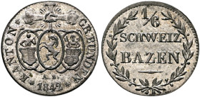 SWITZERLAND. Graubünden. Kanton. 1/6 Batzen 1842 (Billon, 16 mm, 0.80 g, 6 h). KANTON - GRAUBÜNDEN Three shields hanging from three joined hands, A. B...
