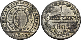SWITZERLAND. Luzern. Kanton. 1 Batzen 1805 (Billon, 25 mm, 3.05 g, 6 h). MONETA • REPUB • LUCERNENSIS Coat of arms, 1•BAZ• below. Rev. 1 / BATZEN / 18...