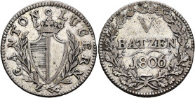 SWITZERLAND. Luzern. Kanton. 5 Batzen 1806 (Silver, 25 mm, 4.40 g, 5 h). CANTON ✱ LUCERN Crowned coat of arms within laurel and palm branch. Rev. V / ...
