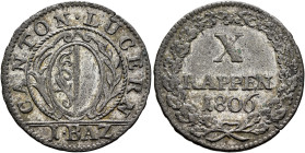 SWITZERLAND. Luzern. Kanton. 1 Batzen 1806 (Billon, 23 mm, 2.51 g, 6 h). CANTON • LUCERN Coat of arms within laurel and palm branch, 1•BAZ below. Rev....