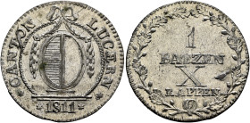 SWITZERLAND. Luzern. Kanton. 1 Batzen 1811 (Billon, 25 mm, 2.88 g, 6 h). CANTON - LUCERN Decorated coat of arms within, ✱1811✱ below. Rev. 1 / BATZEN ...