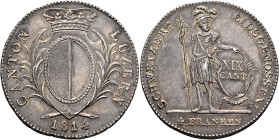 SWITZERLAND. Luzern. Kanton. 4 Franken (Neutaler) 1814 (Silver, 40 mm, 29.38 g, 6 h), Luzern. CANTON - LUZERN / 1814 Crowned arms between palm branche...