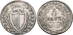 SWITZERLAND. Luzern. Kanton. 5 Batzen 1814 (Silver, 26 mm, 4.18 g, 6 h), Luzern. CANTON - LUZERN Crowned coat of arms within laurel branches, B below....