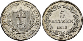 SWITZERLAND. Nidwalden. Kanton. 5 Batzen 1811 (Silver, 26 mm, 4.64 g, 6 h). CANTON UNTERWALDEN NID DEM WALD Coat of arms between palm frond and laurel...