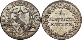 SWITZERLAND. Schaffhausen. Kanton. 1 Batzen 1808 (Billon, 24 mm, 2.32 g, 6 h). CANTON SCHAFFHAUSEN Coat of arms in shield between oak branches, 18_08 ...