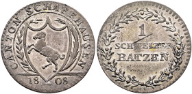 SWITZERLAND. Schaffhausen. Kanton. 1 Batzen 1808 (Billon, 24 mm, 2.60 g, 6 h). CANTON SCHAFFHAUSEN Coat of arms in shield between oak branches, 18_08 ...