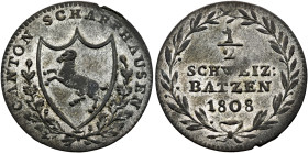 SWITZERLAND. Schaffhausen. Kanton. 1/2 Batzen 1808 (Billon, 23 mm, 2.00 g, 6 h). CANTON SCHAFFHAUSEN Coat of arms in shield between oak branches. Rev....