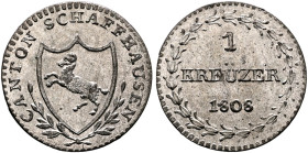 SWITZERLAND. Schaffhausen. Kanton. Kreuzer 1808 (Billon, 17 mm, 0.89 g, 6 h). CANTON SCHAFFHAUSEN Coat of arms in shield between oak branches. Rev. 1 ...