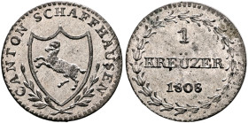 SWITZERLAND. Schaffhausen. Kanton. Kreuzer 1808 (Billon, 17 mm, 1.01 g, 6 h). CANTON SCHAFFHAUSEN Coat of arms in shield between oak branches. Rev. 1 ...