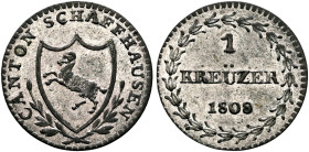 SWITZERLAND. Schaffhausen. Kanton. Kreuzer 1808 (Billon, 17 mm, 1.00 g, 6 h). CANTON SCHAFFHAUSEN Coat of arms in shield between oak branches. Rev. 1 ...