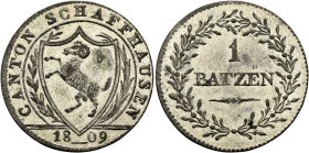 SWITZERLAND. Schaffhausen. Kanton. 1 Batzen 1809 (Billon, 25 mm, 2.58 g, 6 h). CANTON SCHAFFHAUSEN Coat of arms in shield between oak branches, 18_09 ...
