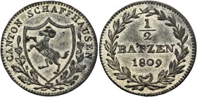 SWITZERLAND. Schaffhausen. Kanton. 1/2 Batzen 1809 (Billon, 22 mm, 2.00 g, 6 h). CANTON SCHAFFHAUSEN Coat of arms in shield between oak branches. Rev....