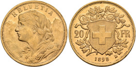 SWITZERLAND. Schweizerische Eidgenossenschaft (Swiss Confederation). 1848-present. 20 Franken 1898 B (Gold, 21 mm, 6.45 g, 6 h), Bern. HELVETIA Bust o...