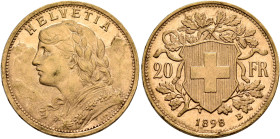 SWITZERLAND. Schweizerische Eidgenossenschaft (Swiss Confederation). 1848-present. 20 Franken 1898 B (Gold, 21 mm, 6.45 g, 6 h), Bern. HELVETIA Bust o...