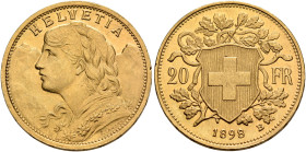 SWITZERLAND. Schweizerische Eidgenossenschaft (Swiss Confederation). 1848-present. 20 Franken 1898 B (Gold, 21 mm, 6.45 g, 6 h), Bern. HELVETIA Bust o...